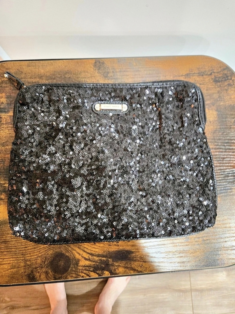 Nine West Black Sequined Evening Clutch Zippered Makeup Pouch Satin Lining